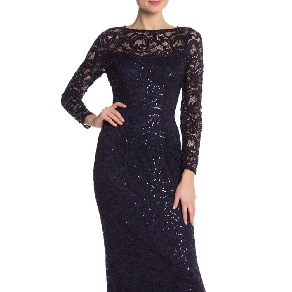 Marina Rinaldi Sequin Lace Long Sleeve Gown Navy B